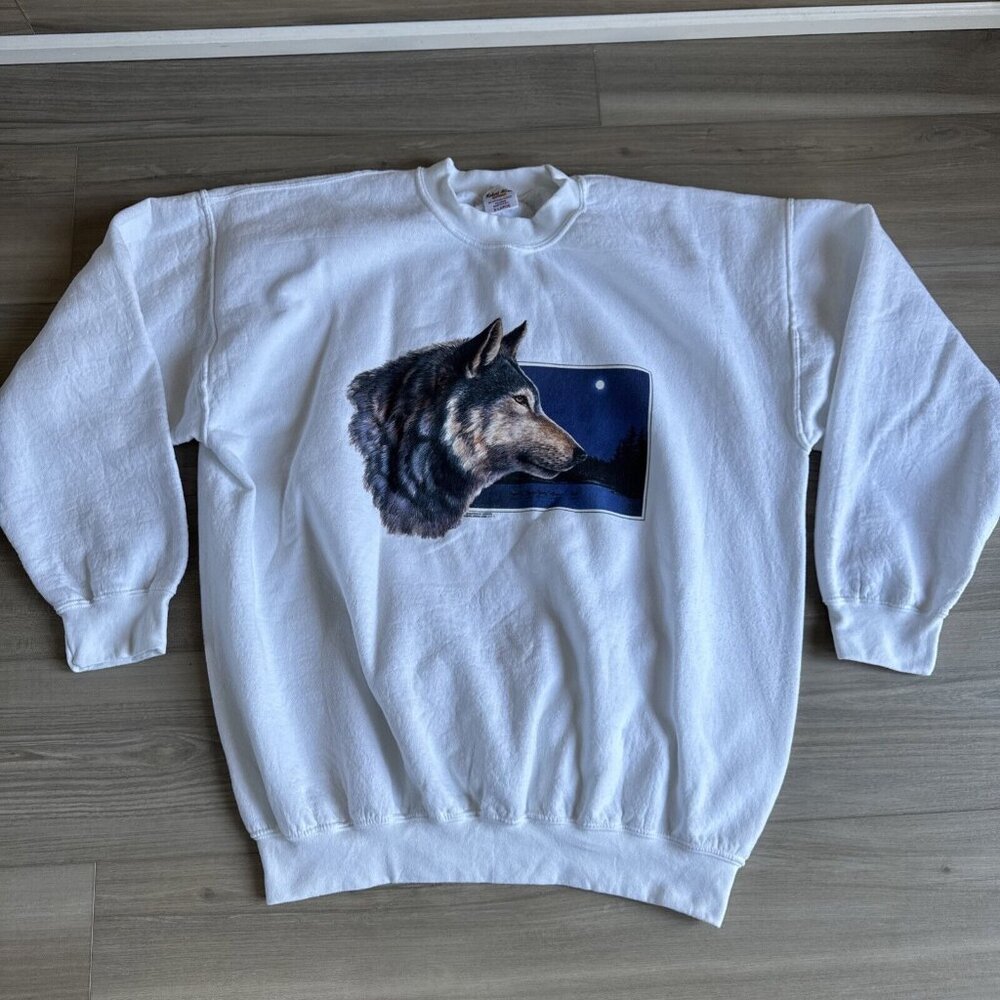 Vintage Wolf Sweatshirt White Robert Allen Sportswear Made in the USA Mens‎ XL